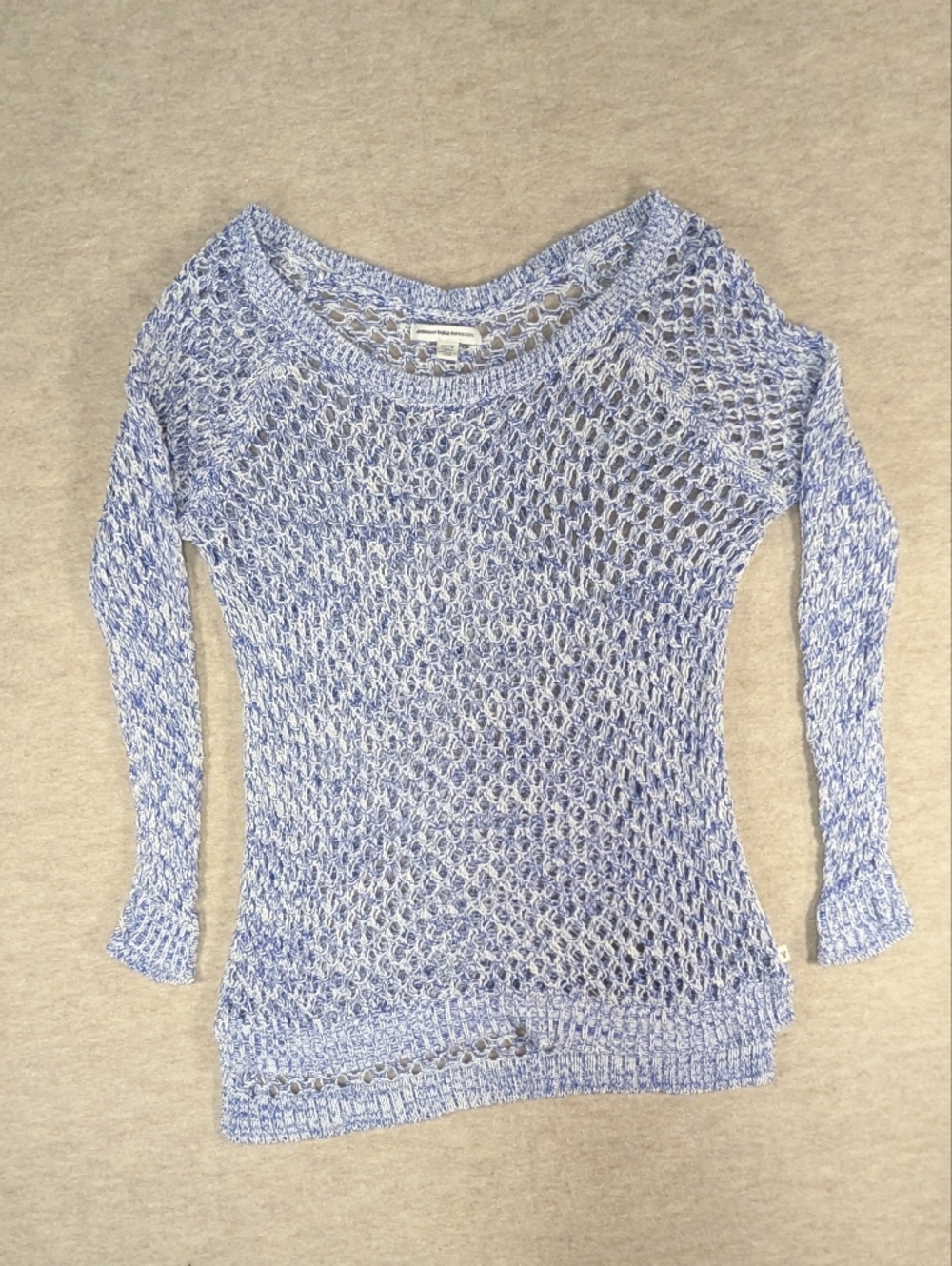 AE Heathered Blue Open Knit Scoop Neck Sweater Beachy Natural Swim Layering XS